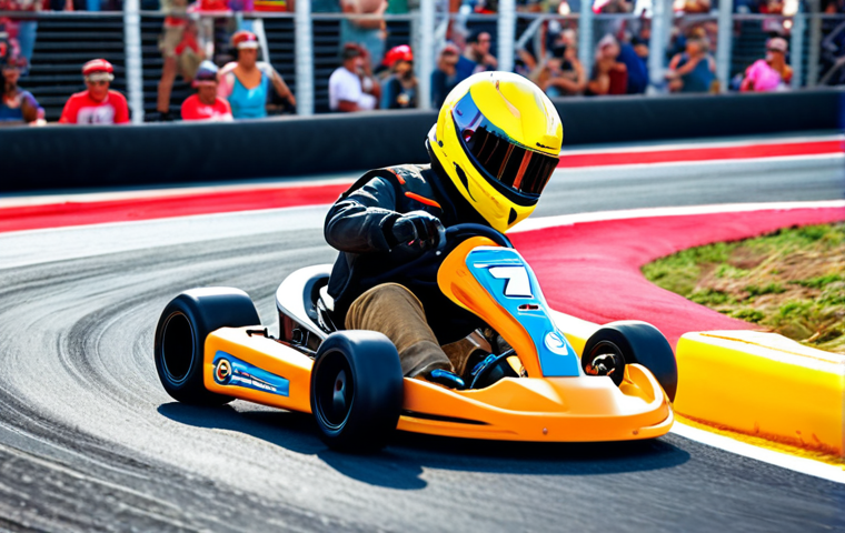 **Action shot of a KartRider kart drifting around a sharp corner on a vibrant, colorful track. Focus on the speed and precision, with sparks flying from the tires. The background should show a cheering crowd.**