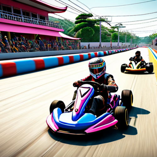 Home 21 A vibrant, action-packed scene from KartRider, showcasing a variety of karts drifting around a corner on a colorful track. Feature karts with unique customizations and characters (like Diffy, Neo, or Marid) driving them. In the background, show a glimpse of Thai-inspired scenery to reflect the target audience.