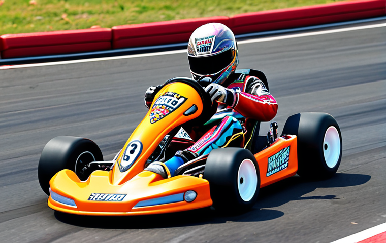 **

High-speed KartRider race scene. Focus on a customized kart drifting around a sharp corner on a brightly colored track. Nitro flames bursting from the back of the kart. The kart's design should reflect a bold, personalized style. Include other karts in the background, suggesting intense competition. The overall feel is fast-paced and exciting.

**